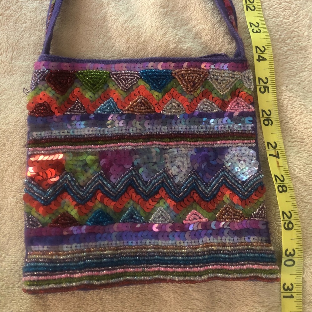 Sequin Beaded Shoulder Bag Purple Canvas